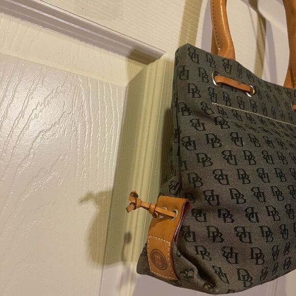 Dooney & Bourke small gray canvas logo tan leather straps and tassels.satchel. - Picture 6 of 12